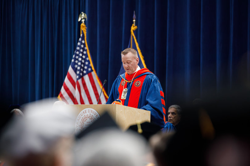 Mike Haynie delivers his first remarks as chancellor after being inaugurated as Syracuse University’s 13th chancellor and president in the JMA Wireless Dome Friday.