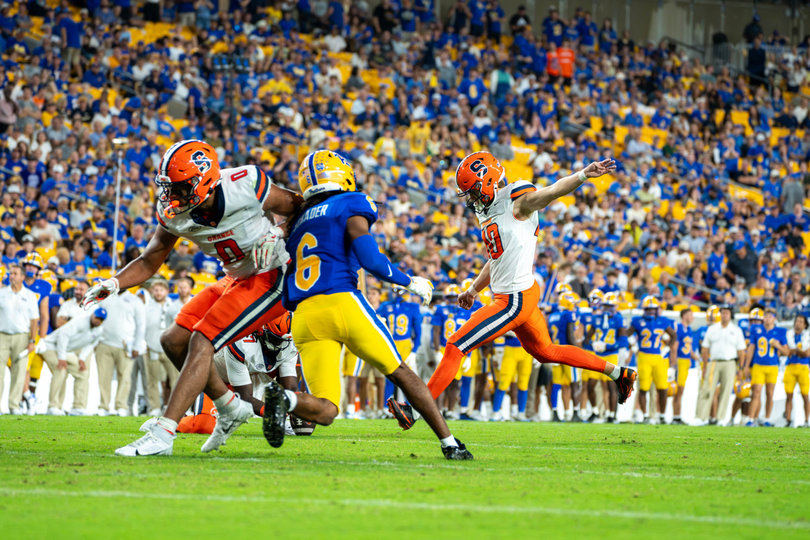 Syracuse kicker Shay Barker attempts a field goal in SU’s 27-13 loss to Pitt on Sept. 17. Barker made two tries after replacing Tripp Woody.