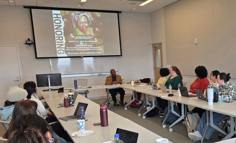 Son of the late Johnnie Mae Chappell, who was brutally shot in a racially motivated murder, Shelton Chappell speaks to the Cold Case Justice Initiative seminar class.
