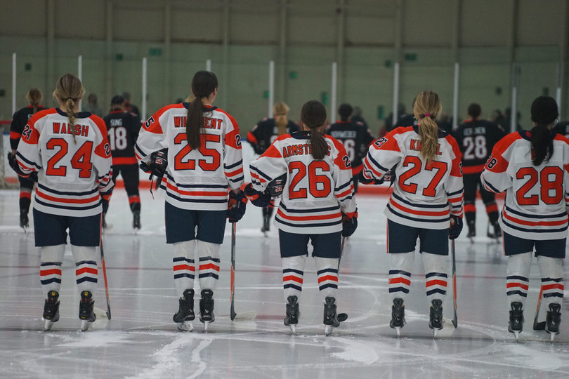 Five Syracuse ice hockey players hold their sticks before their game against RIT on Feb. 6. SU begins its 2026-27 season under first-year head coach Brian Idalski Friday.