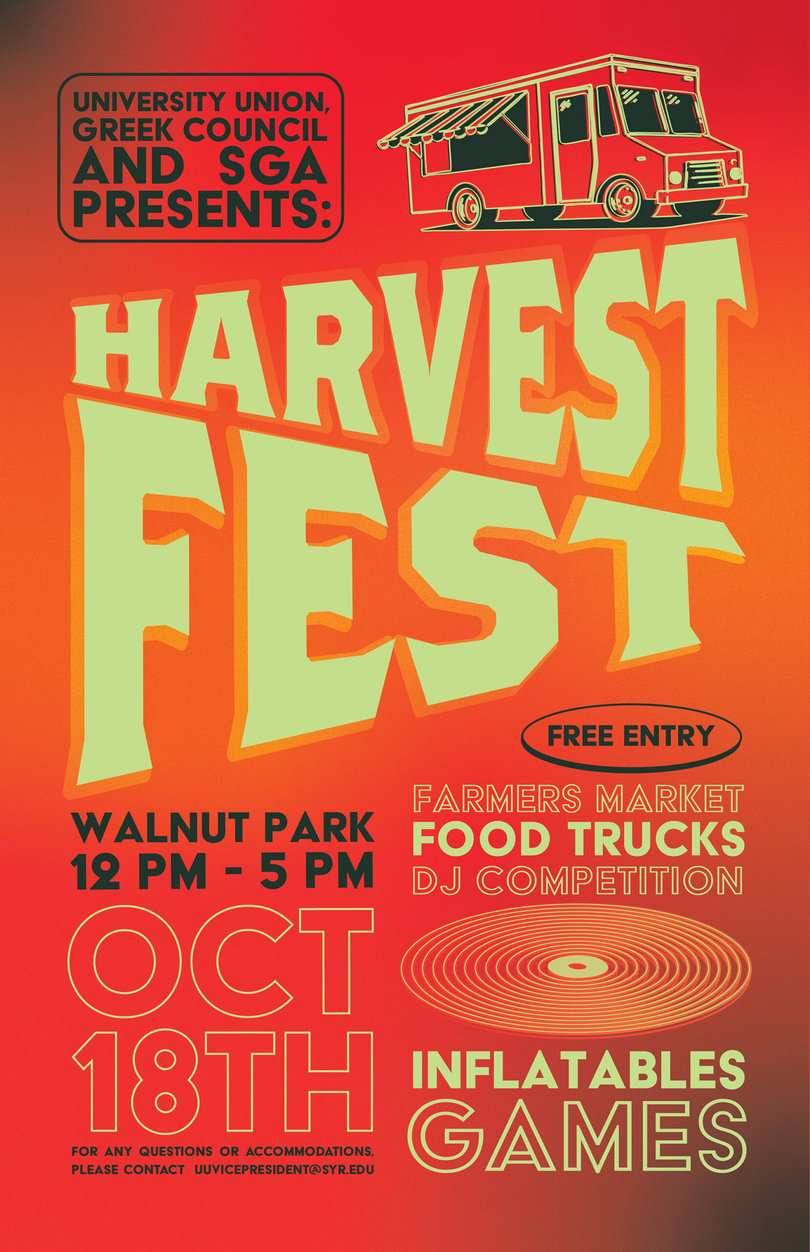 University Union will be hosting Harvest Fest in collaboration with SGA and the Greek Council in Walnut Park Oct. 18. from 12 to 5 p.m. There will be food trucks, a farmers market and a DJ competition.