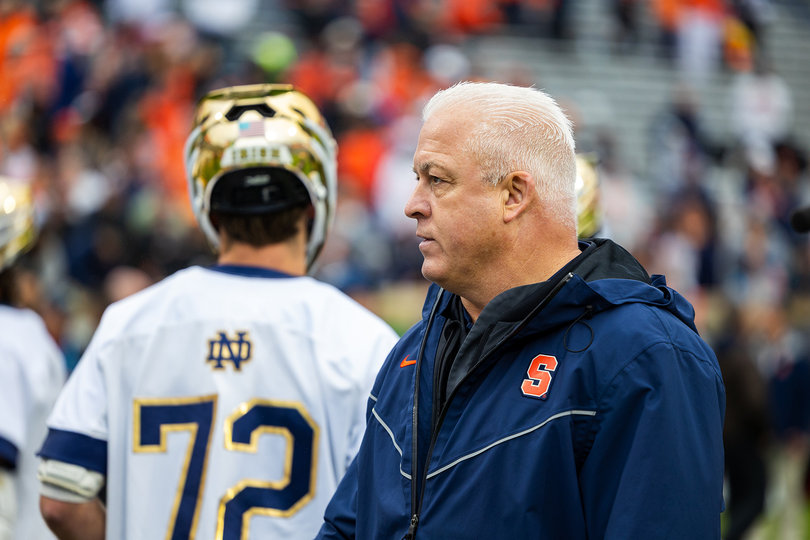 Gary Gait scans the field at Syracuse's 2026 NCAA Tournament matchup with Notre Dame. With SU's vaunted senior class graduating, the Orange look to rebuild around a strong high school class of 2028.