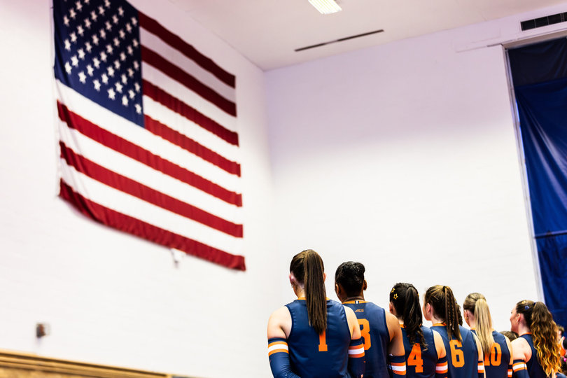 Syracuse volleyball lines up during the national anthem before its 3-0 loss to Notre Dame on Sunday. The defeat dropped the Orange to 0-2 in conference play.
