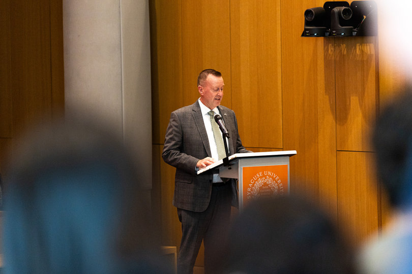 Chancellor Mike Haynie focuses his opening remarks at the first University Senate meeting of the semester on putting students at the forefront of future conversations. 