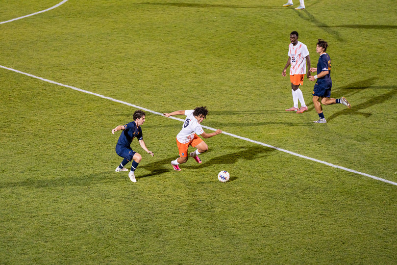 Syracuse midfielder Badr Laghjibi works toward the outside of the pitch during a 1-0 upset over then-No. 10 Notre Dame Friday. The freshman is one of several tempo setters in the Orange's midfield.