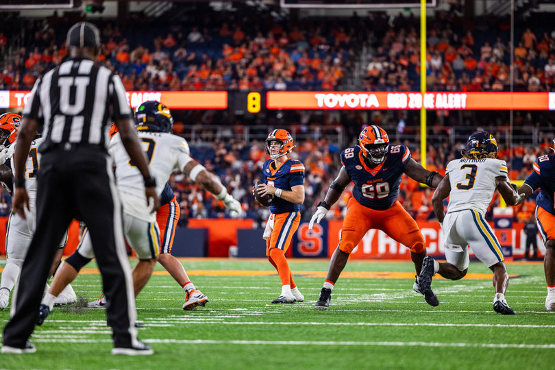 Syracuse quarterback Steve Angeli stands in the shotgun during a 21-18 loss to California on Sept. 12. Angeli is SU's starter Saturday at UConn despite throwing five interceptions in his last two games.