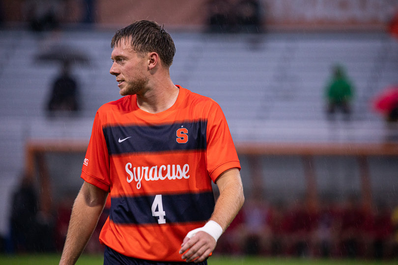 Buster Honeywood paces the SU Soccer Stadium pitch during Syracuse’s 5-0 win over St. John’s on Sept. 9. After five years at Bellevue University in Nebraska, Honeywood finally reached Division I with the Orange.